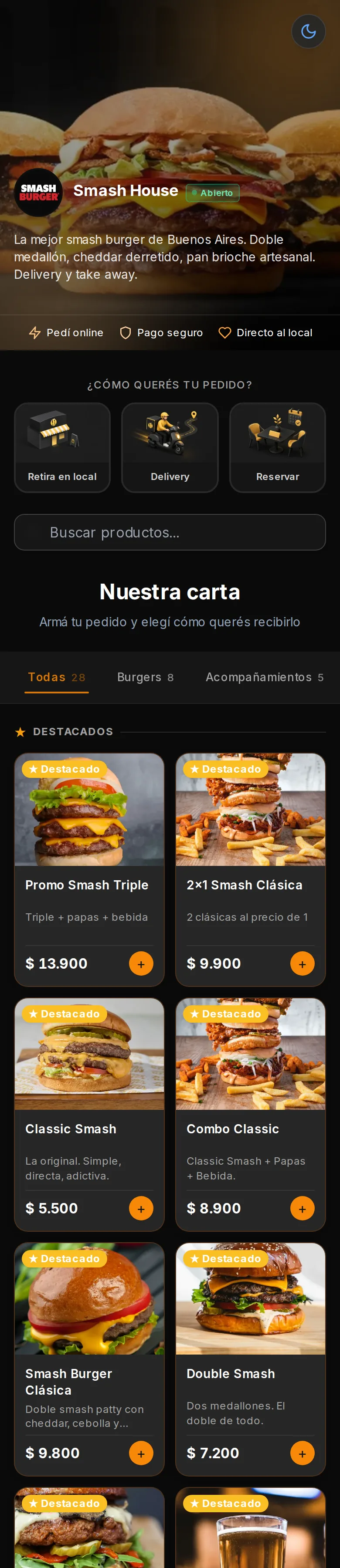 La tienda de Smash House recorriéndose en un teléfono inclinado: portada, destacados y la carta con precios