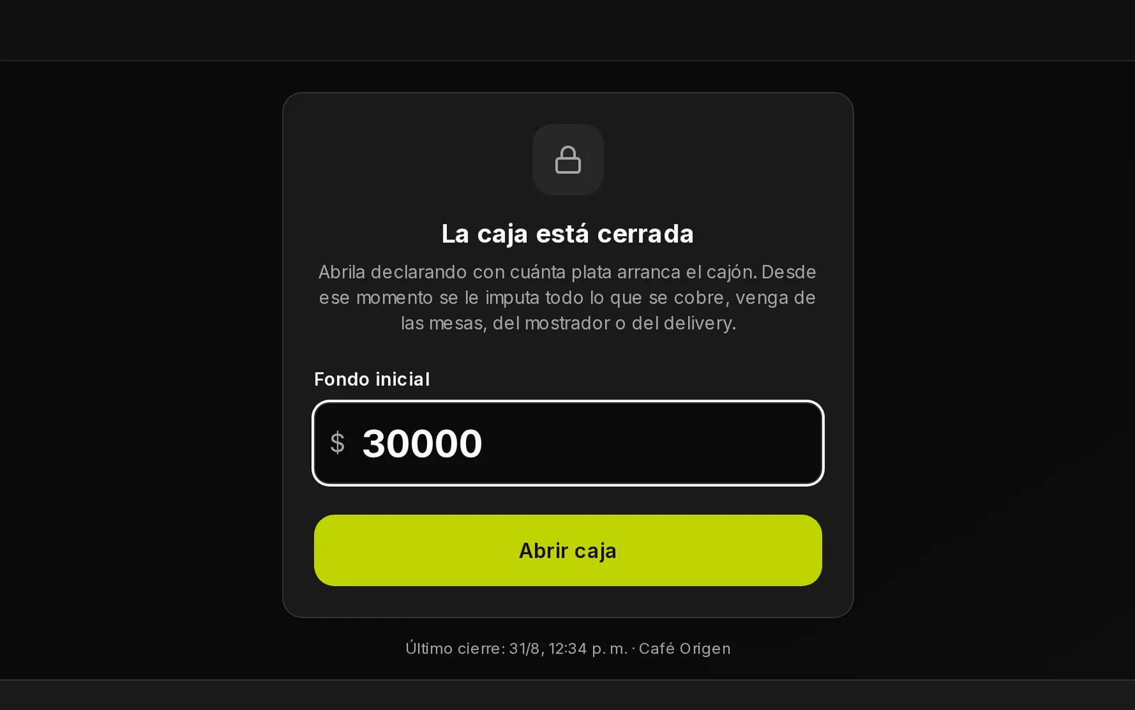 Un turno de caja completo en Colmen: se abre declarando el fondo, se imputa un cobro de mesa, se cuenta el efectivo por billete y el cierre da diferencia cero