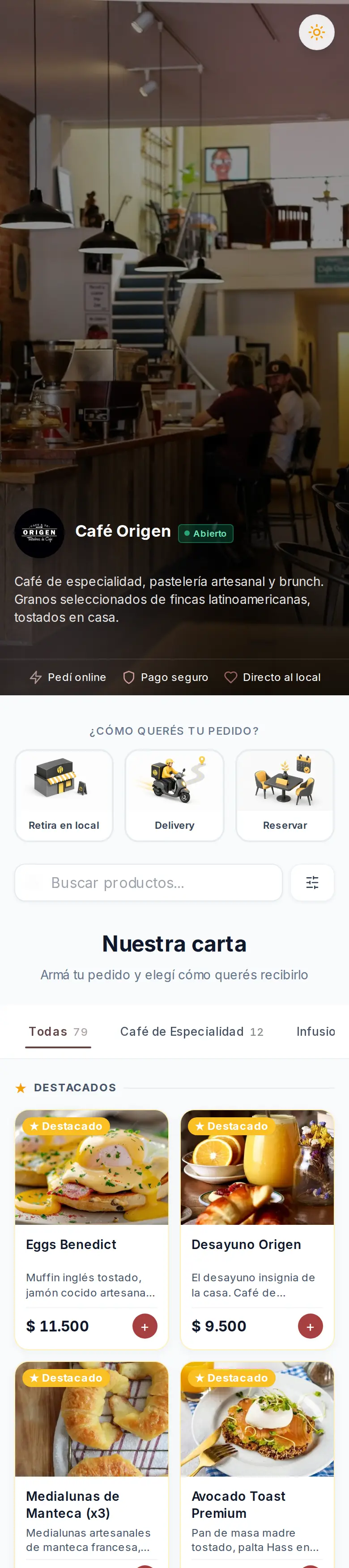 La tienda online de una cafetería en Colmen vista en un teléfono inclinado: la carta con fotos y precios recorriéndose sola